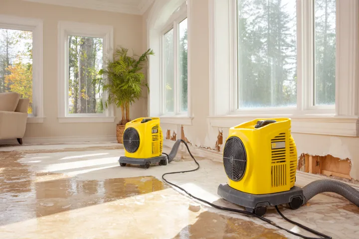 Air movers drying a wet tile floor in a living room with the lower drywall cut away