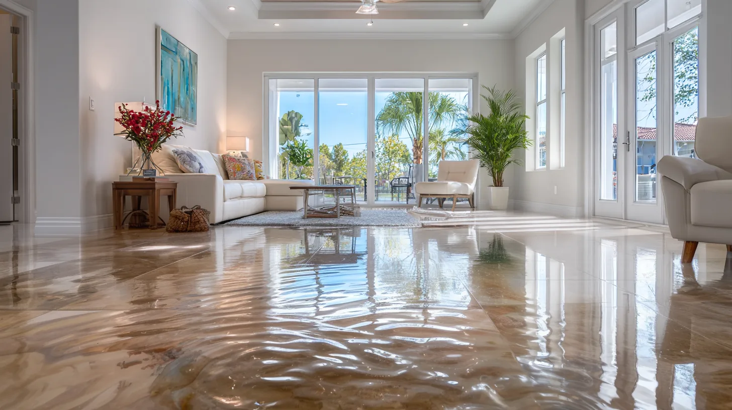 A bright Florida living room with murky floodwater spread across the tile floor
