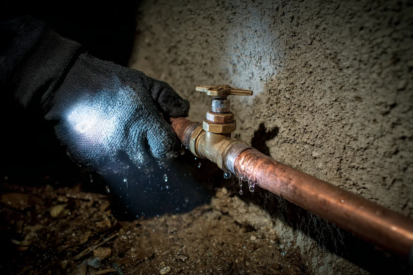 A gloved hand turning a brass main water shut-off valve on a pipe beside a Florida home at night, lit by a flashlight