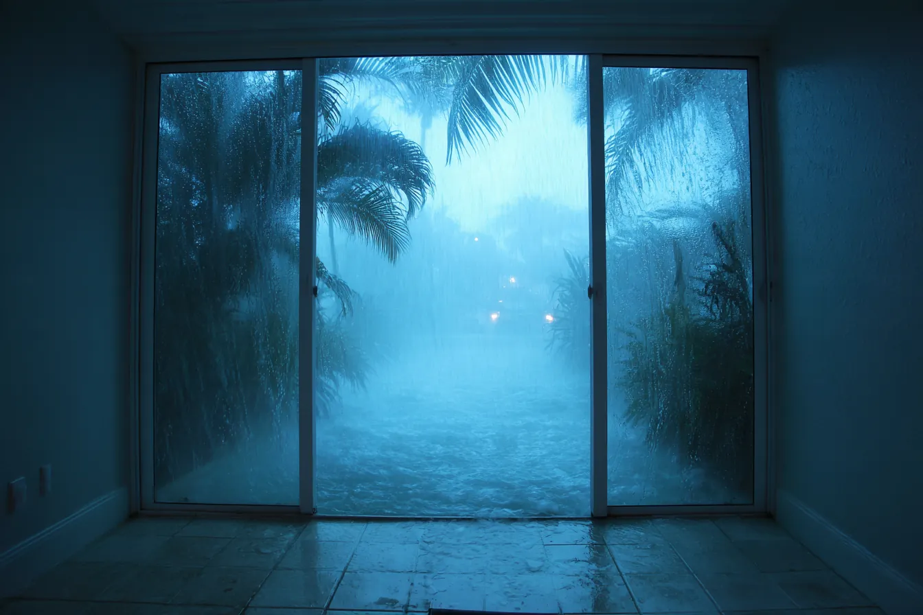 Wind-driven rain and storm haze outside a sliding glass door, seen from a dark room