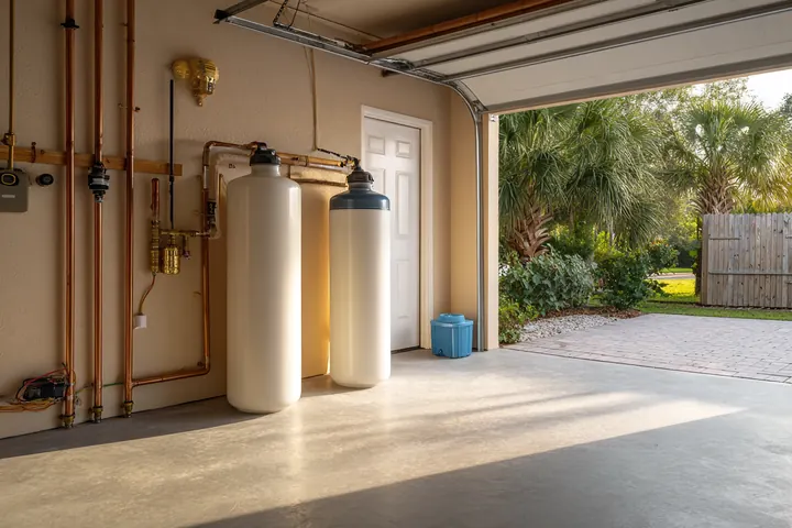 Water softener tanks and copper plumbing in an open Florida garage