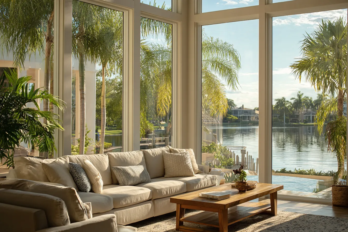 A living room with tall windows looking out over palms and calm water