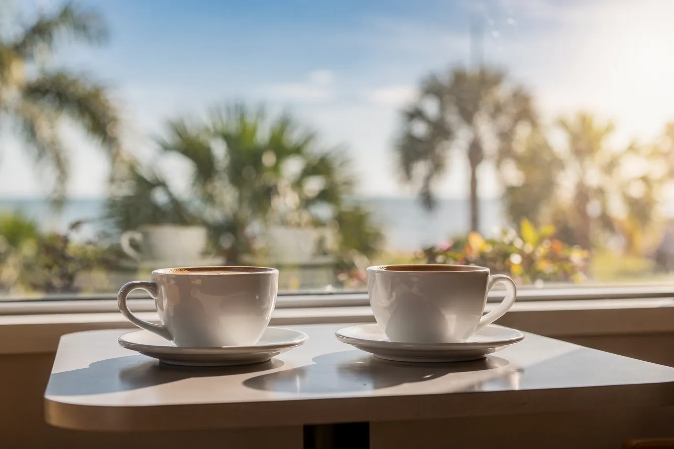 Two cups of coffee on a sunlit cafe table by a window overlooking palms