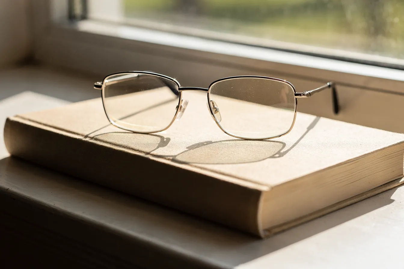 Reading glasses resting on a closed plain hardback book on a sunny windowsill