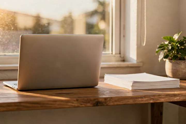 A wooden desk with a closed laptop, a stack of blank paper and a plant by a tall window in soft morning light