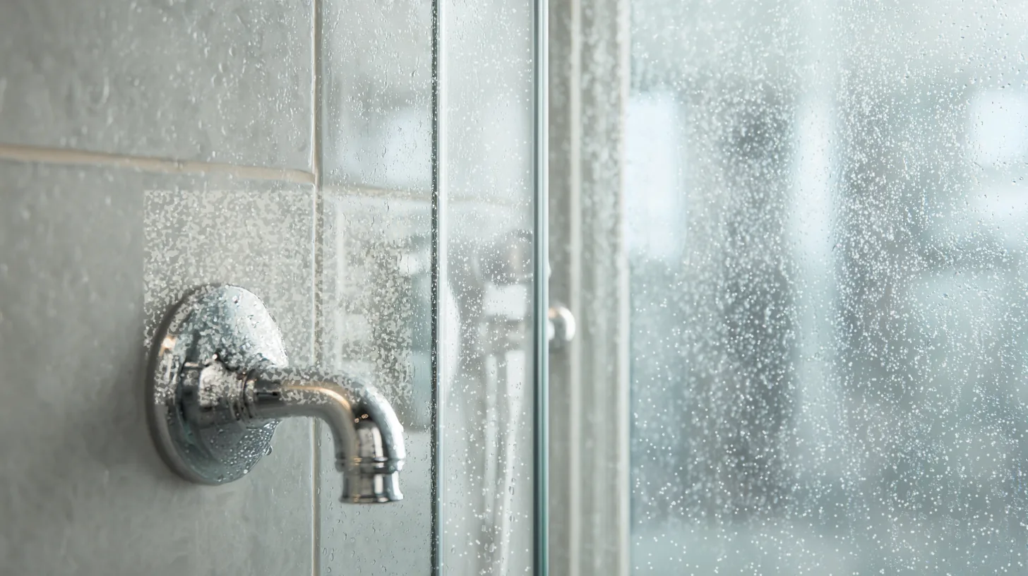 A close view of a shower: a chrome faucet on a tiled wall beside frameless glass panels clouded with a milky film and white hard-water spots, scale on the faucet
