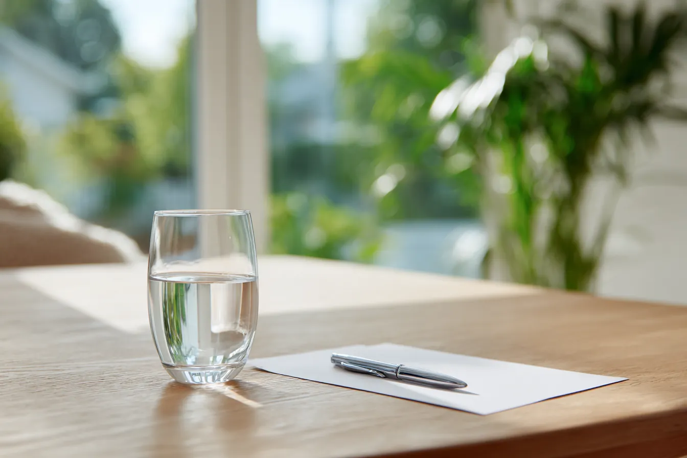 A glass of tap water, a pen and a blank sheet of paper on a kitchen table in a bright Florida home
