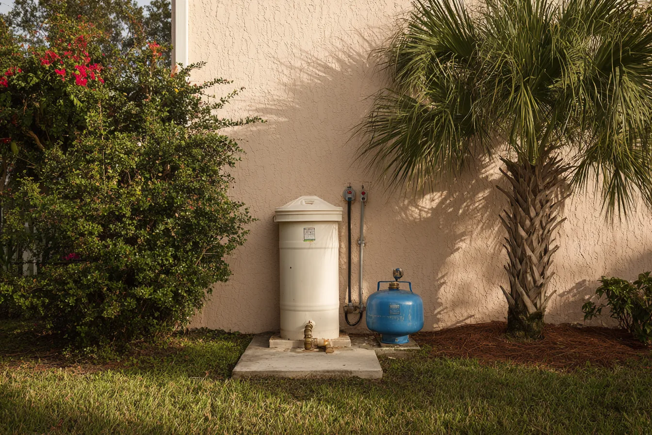 Private well head with a blue pressure tank and a short run of pipe beside a pale stucco Florida home, lawn and palms in morning light