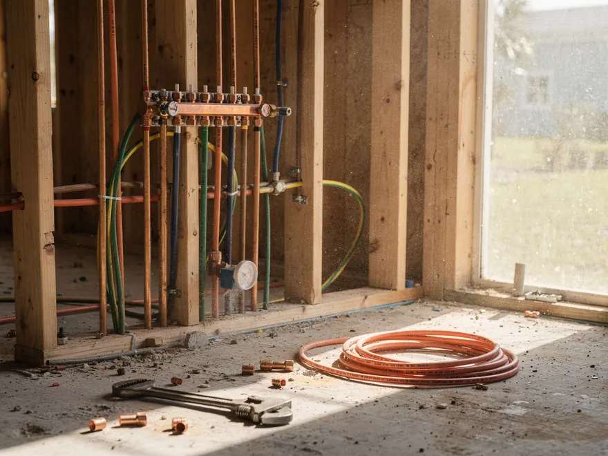 Copper manifold and PEX supply lines roughed into an open stud wall on a Naples job site