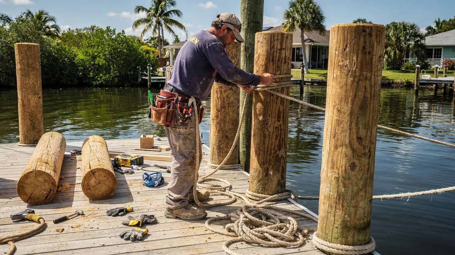 A dock builder lashing new wooden pilings together with rope on a canal-side dock