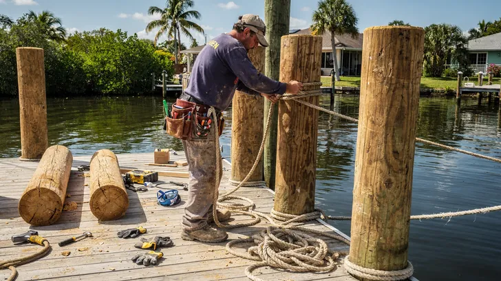 A dock builder lashing new wooden pilings together with rope on a canal-side dock