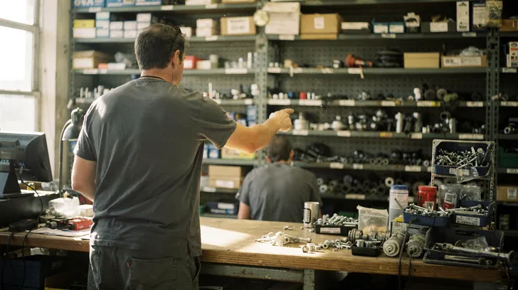 A customer pointing to a part on the shelves behind a hardware store counter, seen from behind