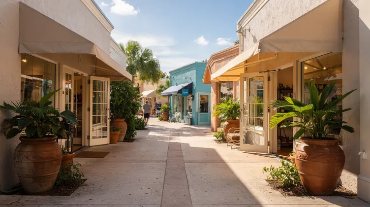 A quiet lane of small shopfronts with plain awnings and potted palms, doors standing open