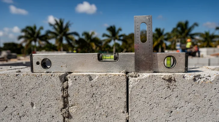 A steel builders square and a spirit level resting on a part-finished concrete block wall in bright Florida morning sun, the level bubble centered.