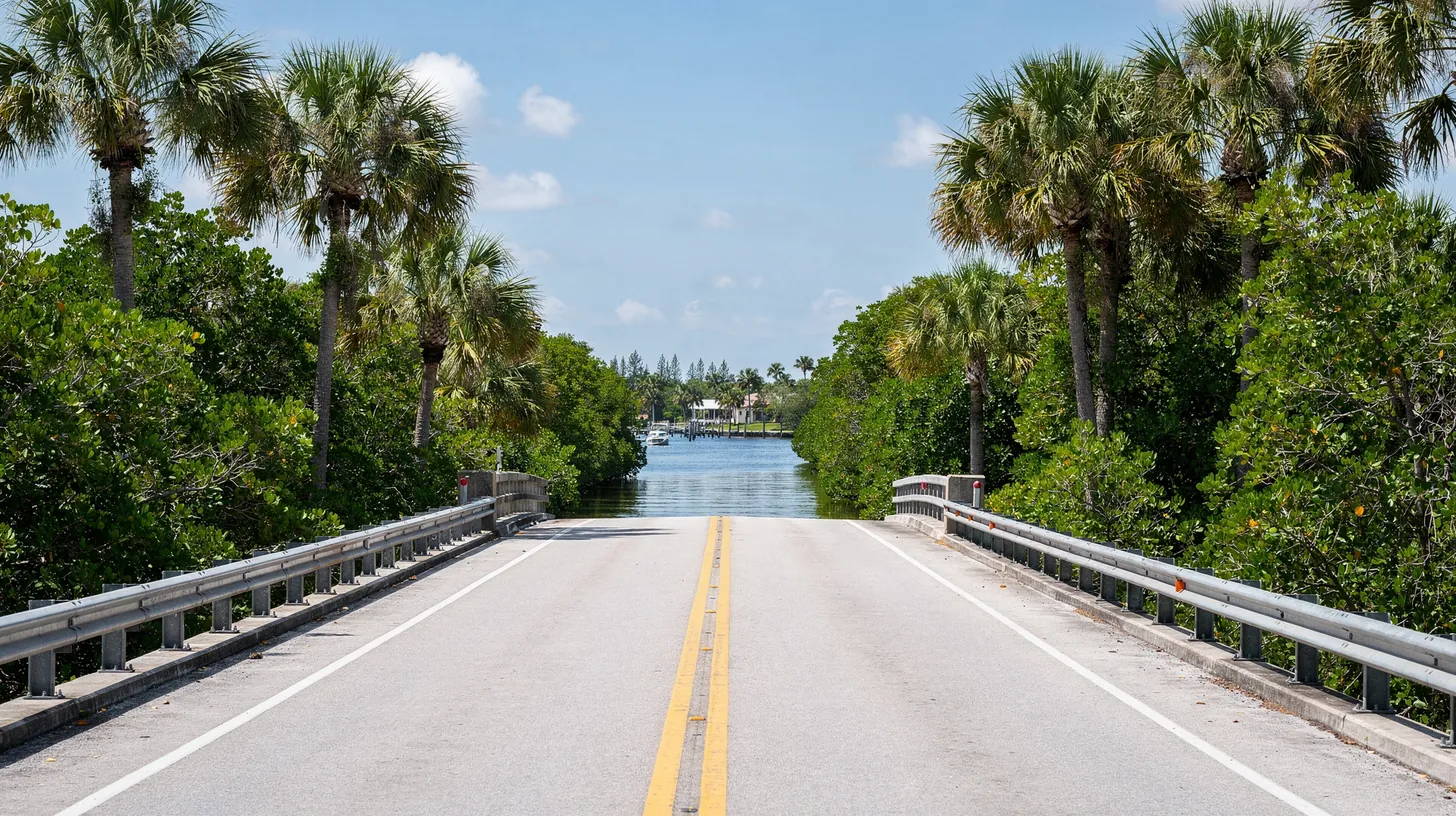 A two-lane road crossing a short bridge over a river lined with mangroves and palms