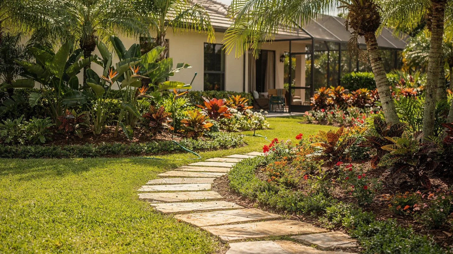 A curving stepping-stone path through a tropical garden toward a low house with a screened lanai