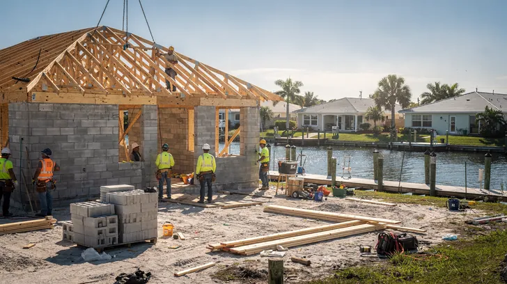 A crew raising roof trusses on a new concrete block home on a canal lot