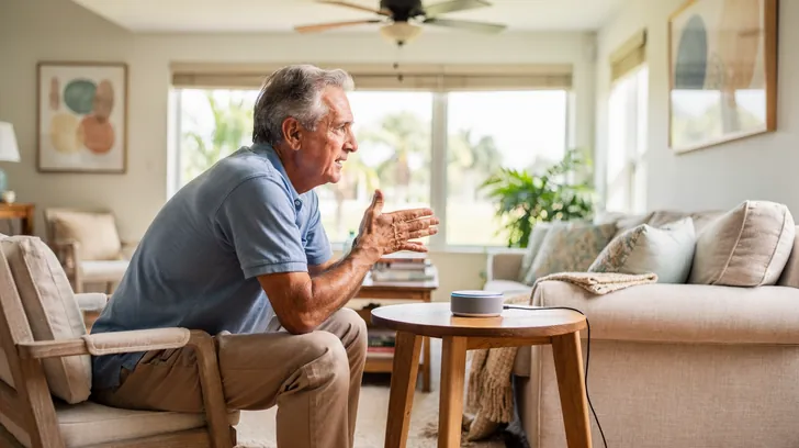 An older man speaking to a small smart speaker on a side table in a bright living room, seen from the side