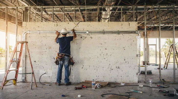 An electrician fitting conduit along a block wall inside an unfinished commercial building, seen from behind