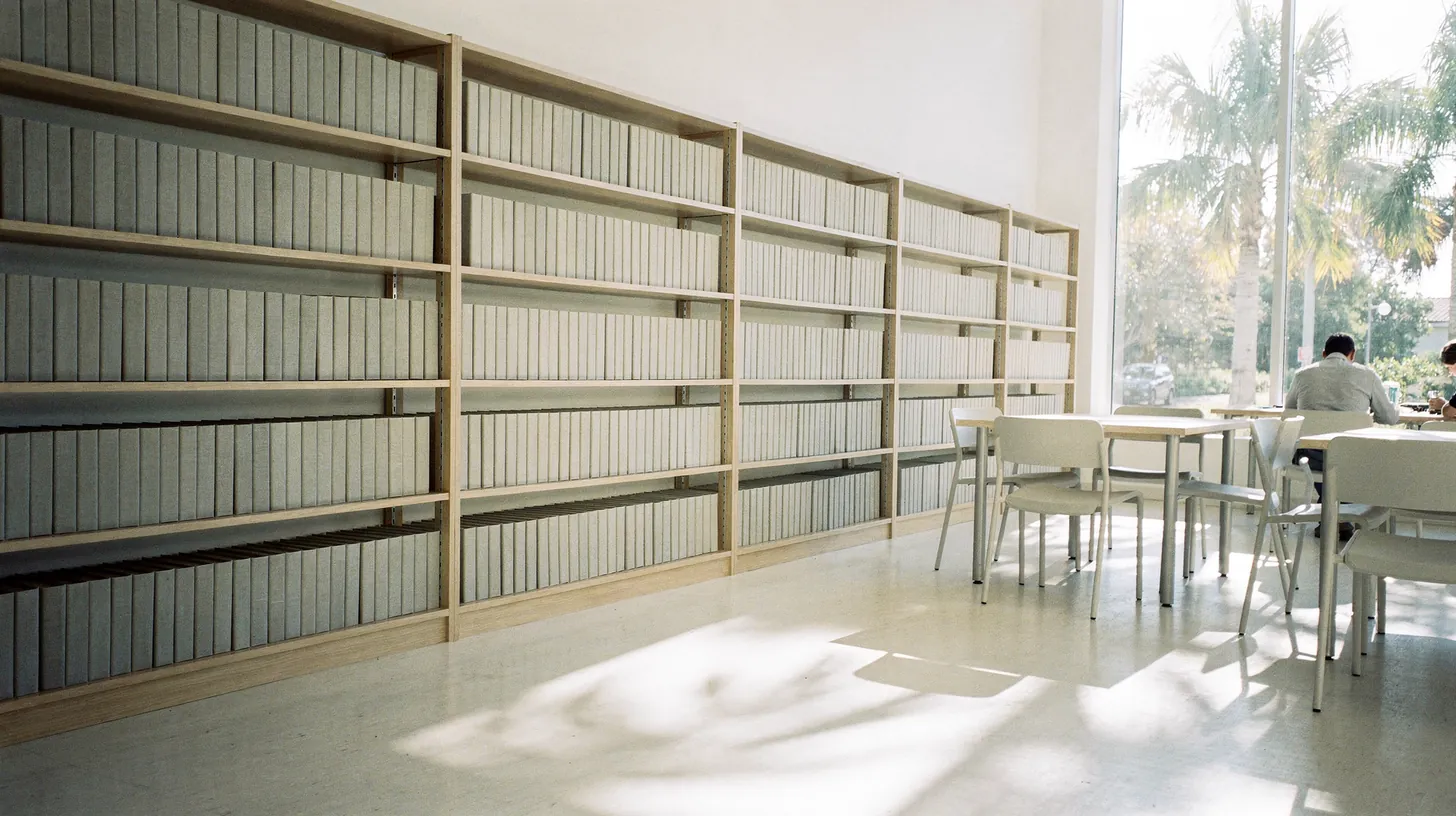 Long shelves of plain bound volumes in a bright reading room, a reader at a table by tall windows onto palms