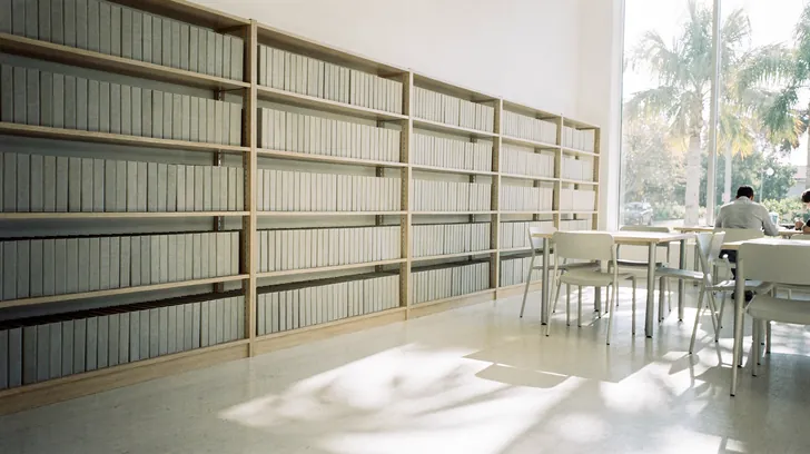 Long shelves of plain bound volumes in a bright reading room, a reader at a table by tall windows onto palms