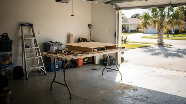 A bright open home garage in Florida morning sun with a half finished project on a folding workbench and hand tools set down mid task.