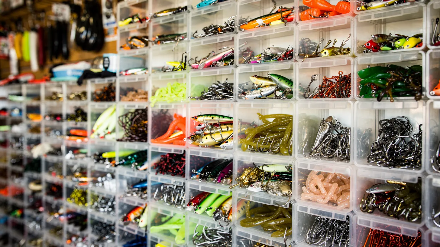 A wall of clear bins sorted by kind of fishing lure and hook in a tackle shop