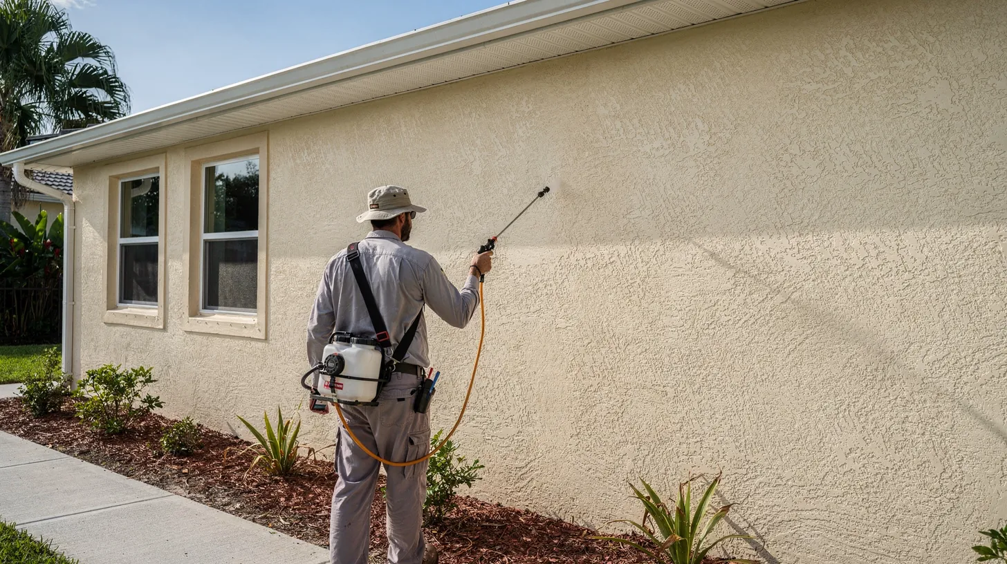 A pest control technician spraying along the base of a stucco home with a backpack sprayer, seen from behind