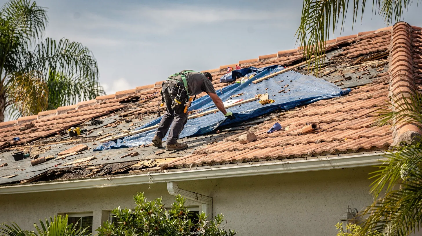 A roofer spreading a blue tarp across a damaged tile roof, seen from below