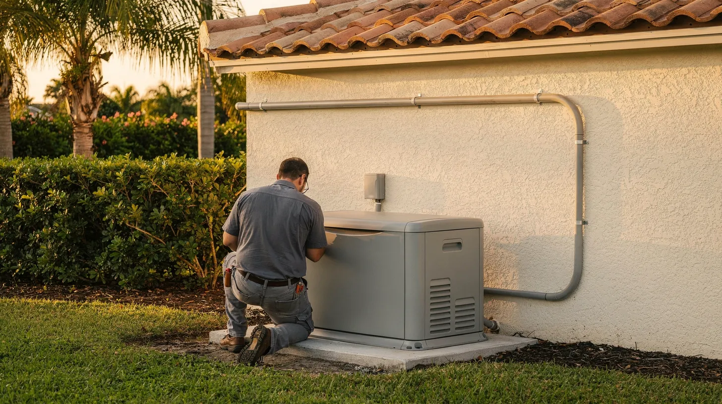 An electrician in a gray work shirt, seen from behind, kneels beside a new home standby generator on a concrete pad against the stucco wall of a tile-roofed Southwest Florida home in late afternoon light, with conduit running along the wall.