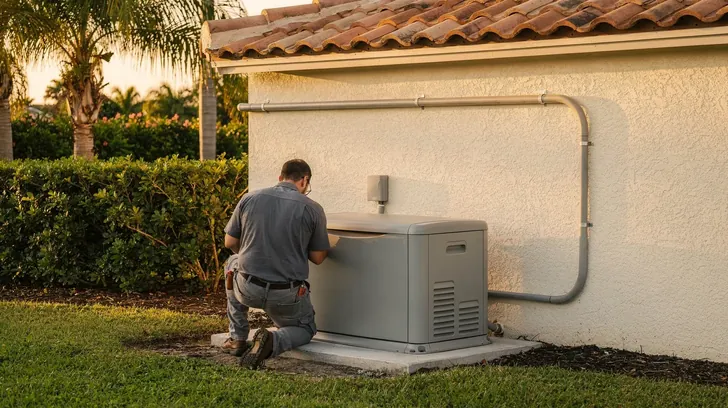 An electrician in a gray work shirt, seen from behind, kneels beside a new home standby generator on a concrete pad against the stucco wall of a tile-roofed Southwest Florida home in late afternoon light, with conduit running along the wall.