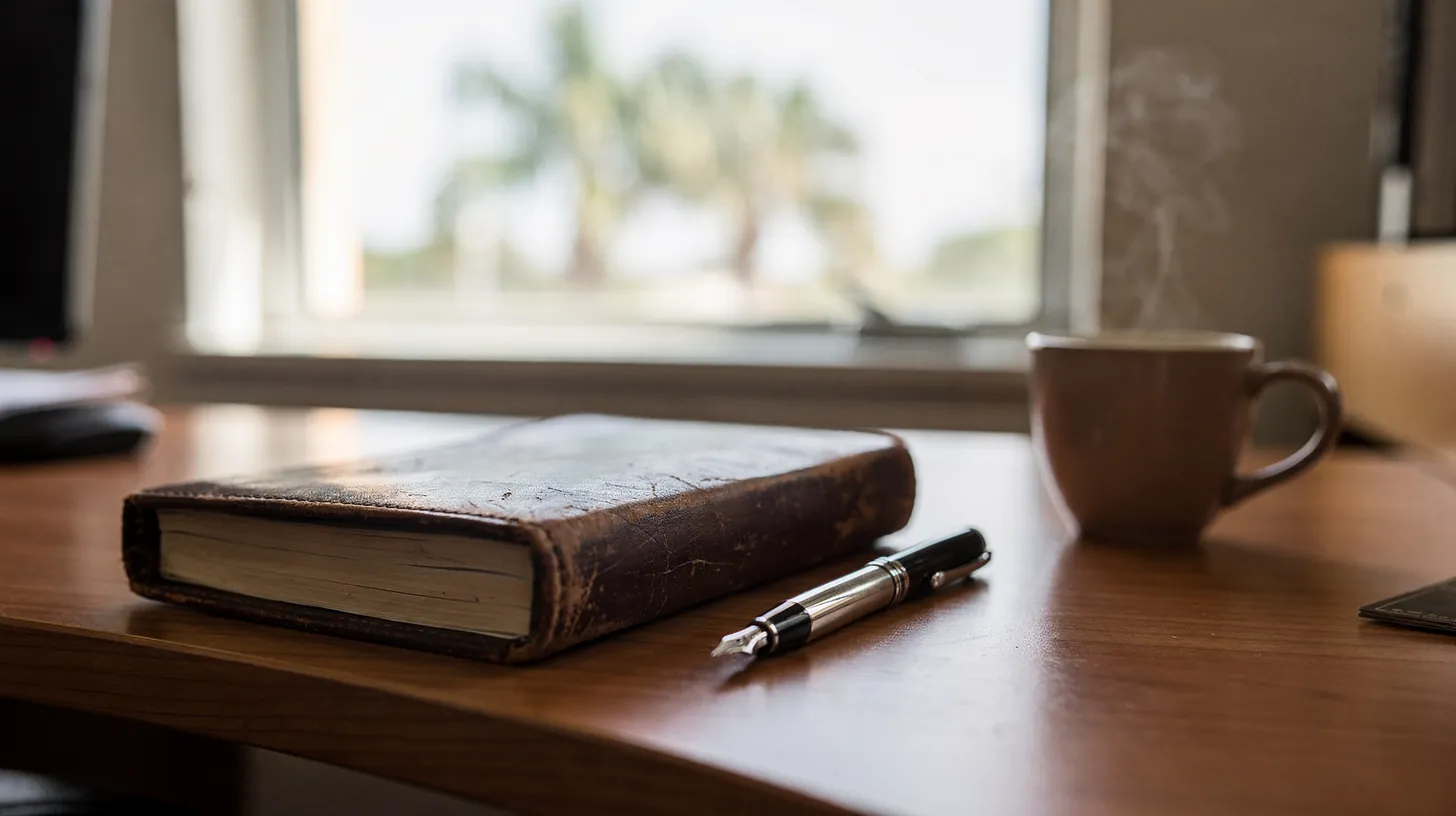 A worn leather ledger, a fountain pen and a cup of coffee on a wooden desk by a window onto palms