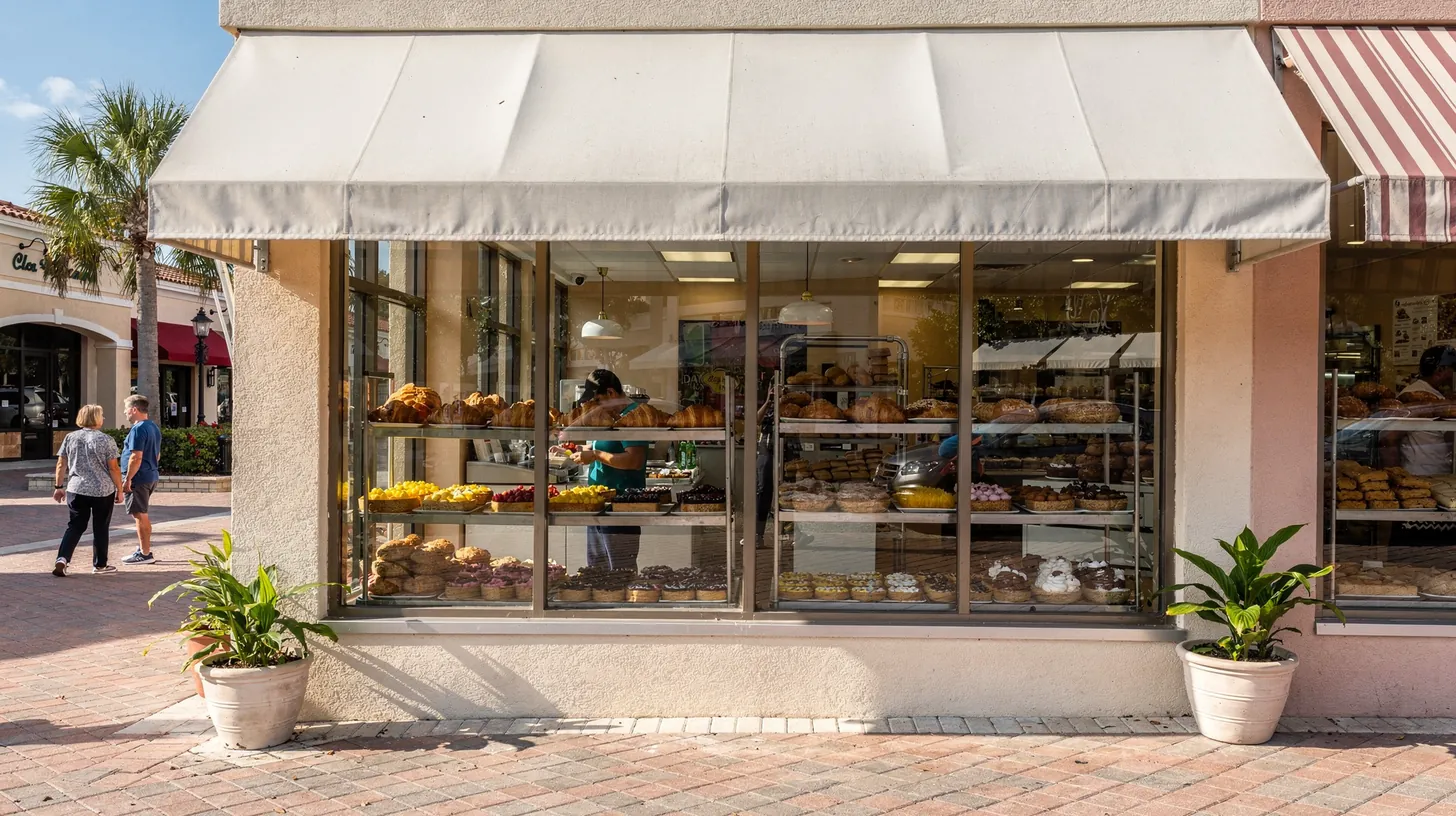 A small bakery with a blank cream awning and pastries filling the front windows, potted plants by the door