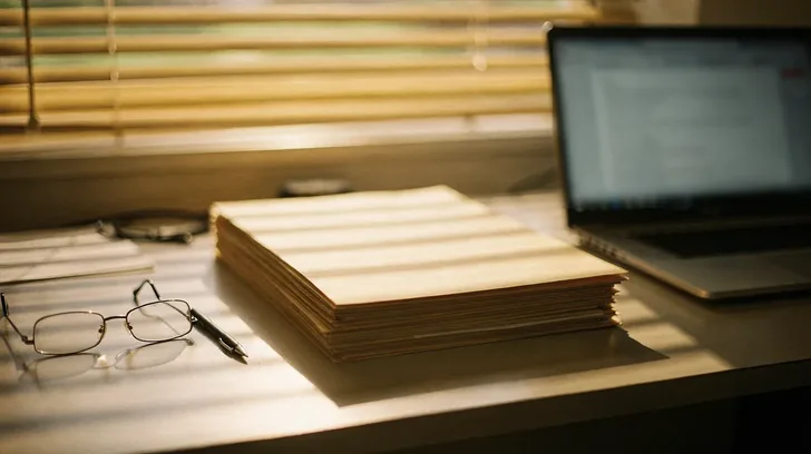 A stack of plain manila folders on a desk in late afternoon light through window blinds, with reading glasses, a pen and a laptop beside them.