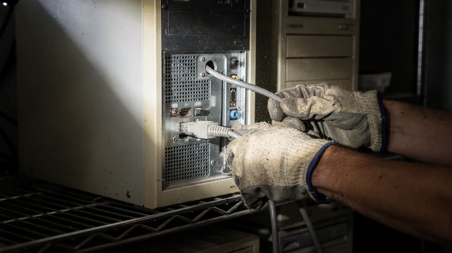 Two gloved hands pulling a network cable out of the back of an old beige computer tower on a metal shelf in a dim, dusty closet.