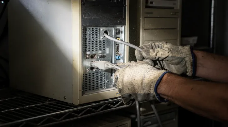 Two gloved hands pulling a network cable out of the back of an old beige computer tower on a metal shelf in a dim, dusty closet.