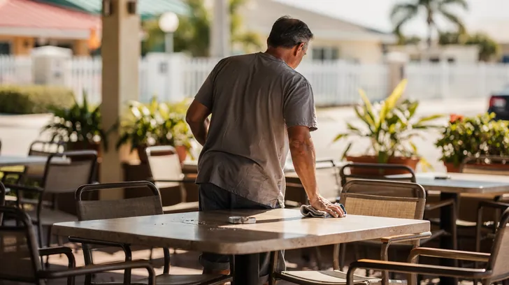 A restaurant owner wiping down a table on an empty covered patio, seen from behind