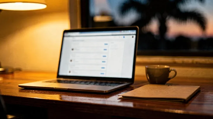 A laptop open on a wooden desk in a small office at dusk, its screen showing a soft, out-of-focus list of rows with small blue buttons, beside a coffee cup and a closed folder, under warm lamp light with palm trees silhouetted in the window.