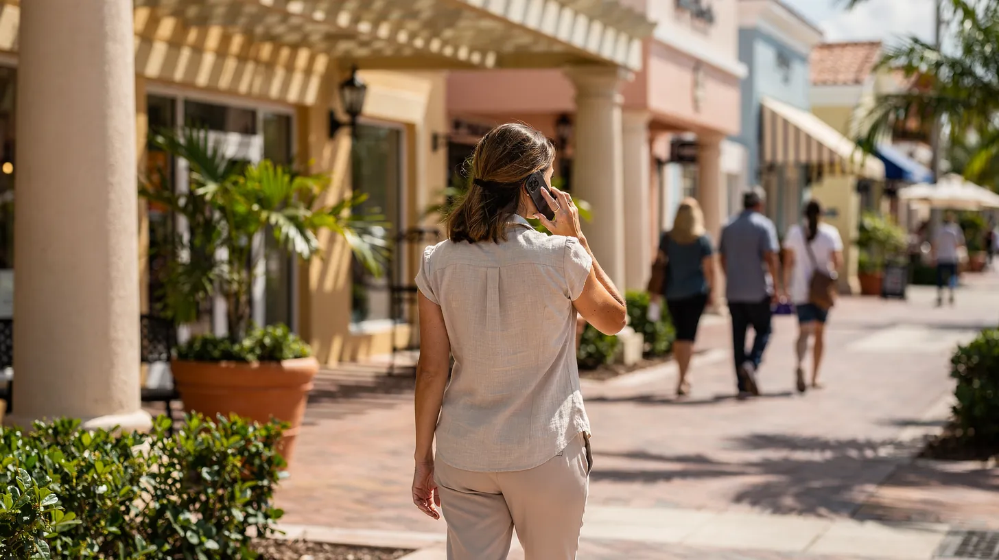 A woman on a phone call walking along a shaded shopping street lined with palms, seen from behind