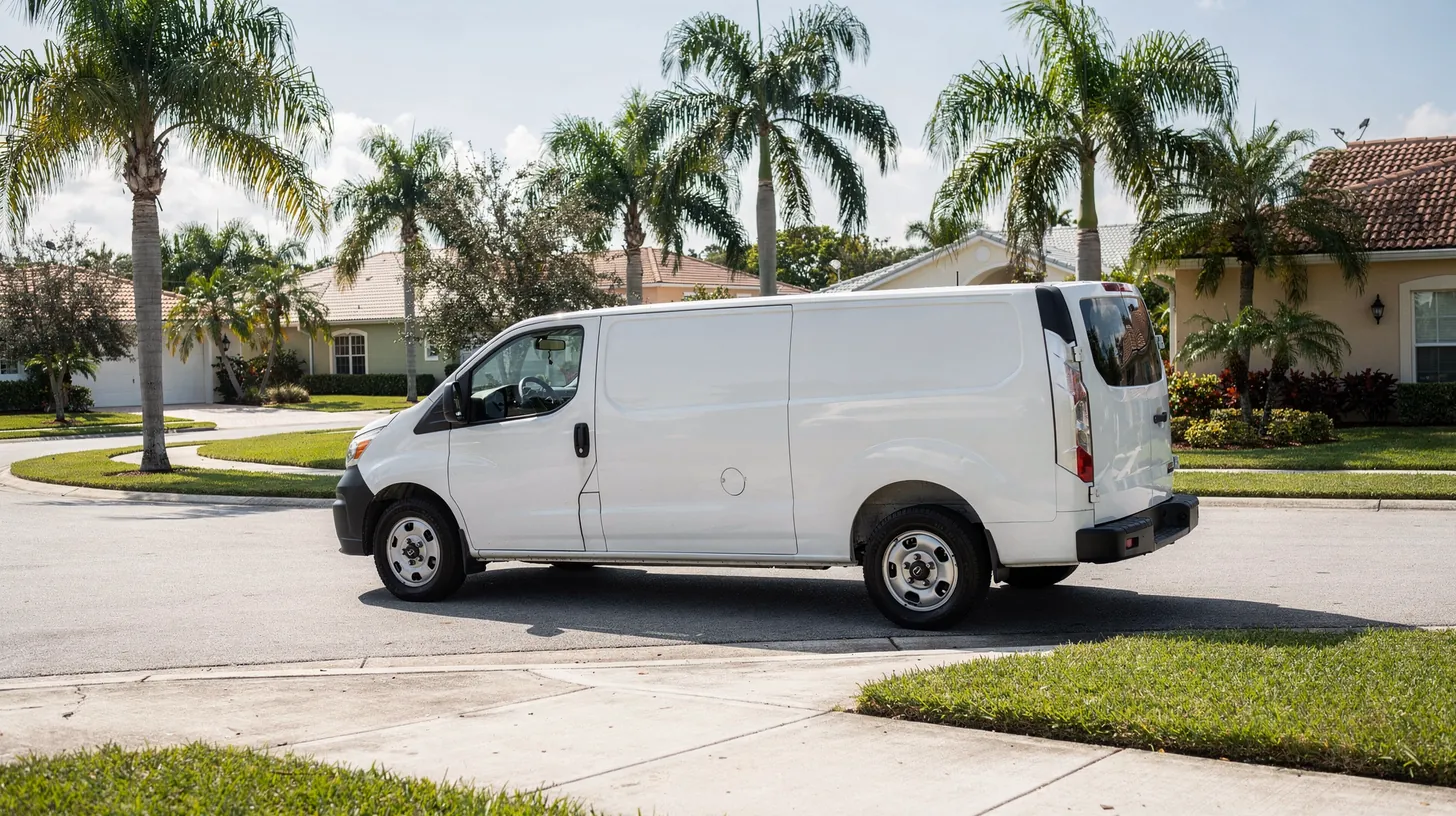 A white service van turning at the corner of a quiet palm-lined residential street