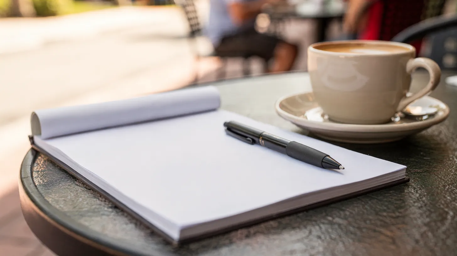 A blank reporter’s notepad and a pen beside a cup of coffee on a cafe table