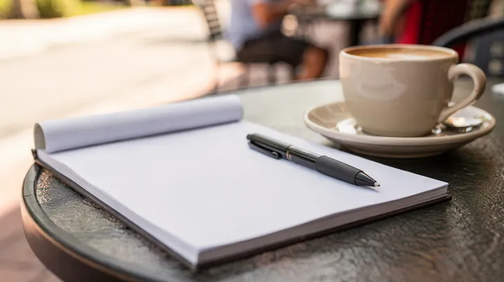 A blank reporter’s notepad and a pen beside a cup of coffee on a cafe table