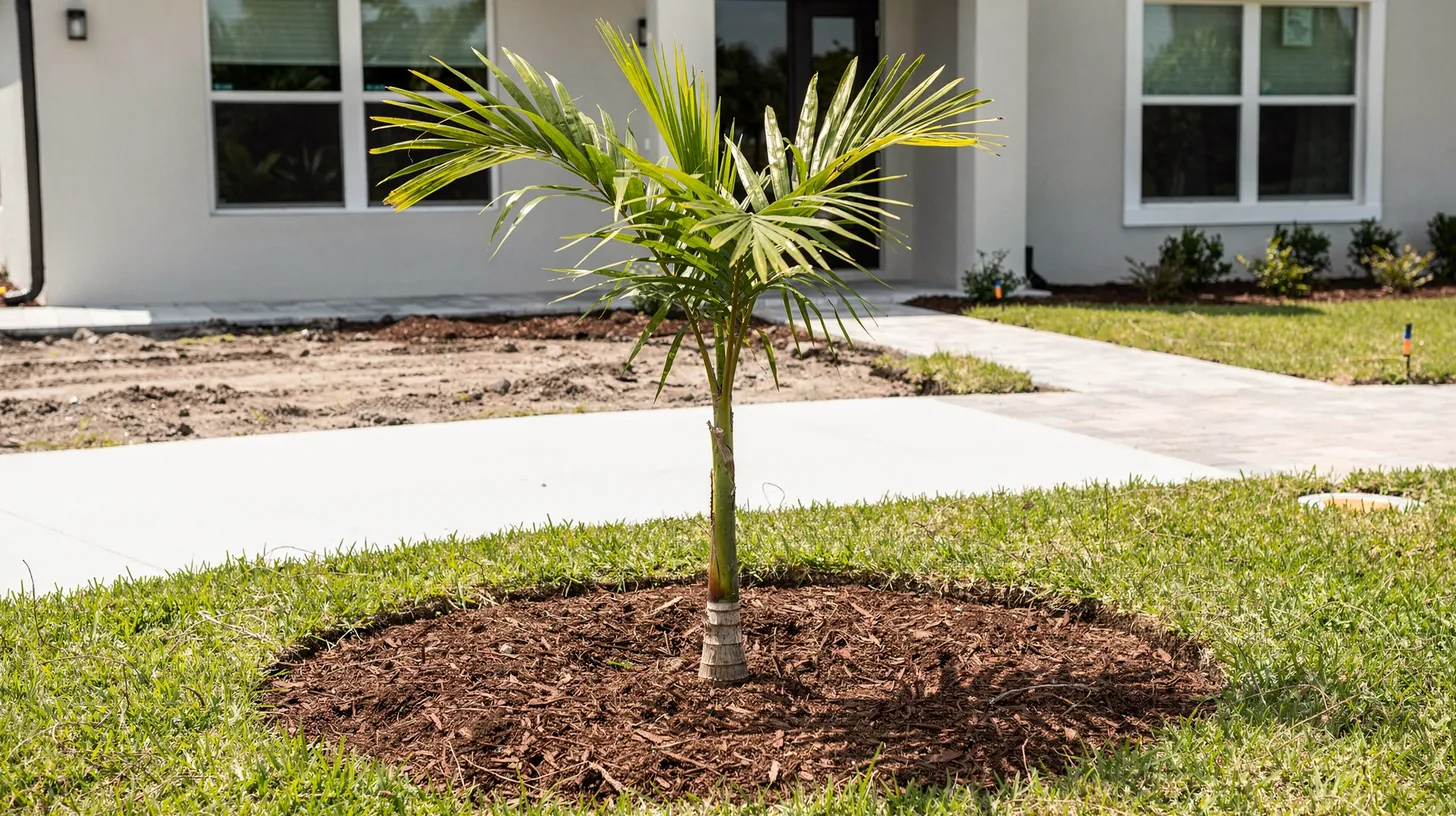 A young palm newly planted in a ring of fresh mulch on the lawn of a new home