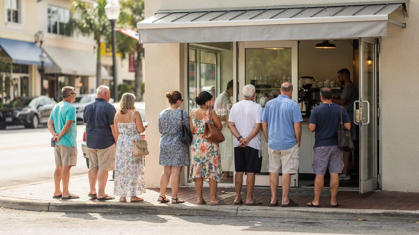 Customers lined up along the sidewalk outside a small cafe with its front doors open, seen from behind