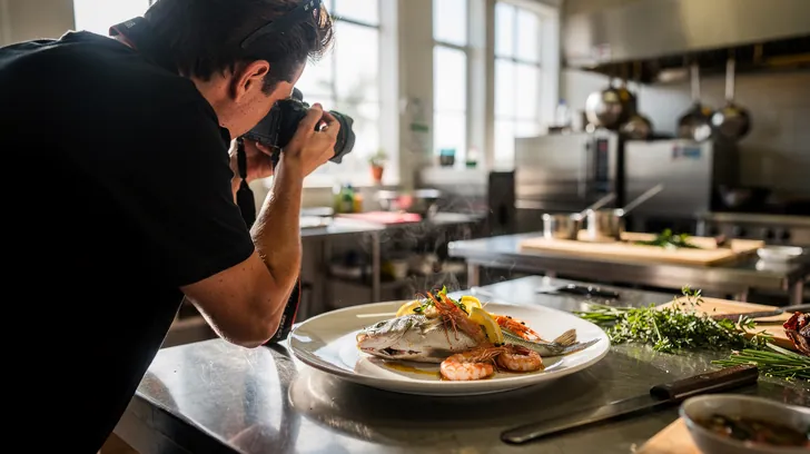 A photographer leaning over a plated seafood dish to photograph it in a bright restaurant kitchen