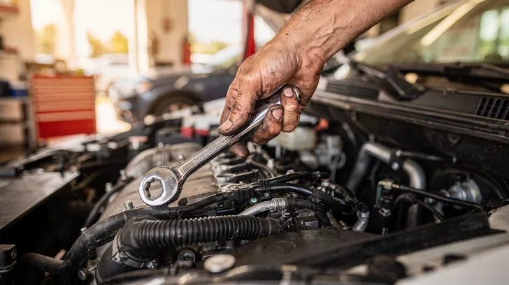 A mechanic’s hand turning a wrench over an open car engine in a bright repair shop