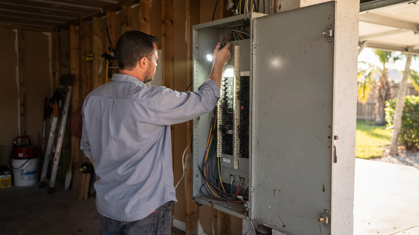 An electrician inspecting the wiring of an open breaker panel with a flashlight in a garage, seen from behind