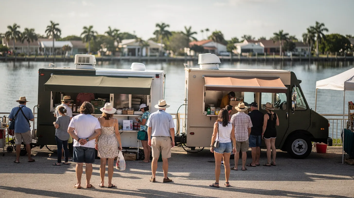 Two food trucks side by side on a waterfront market, customers lined up at each, homes across the water