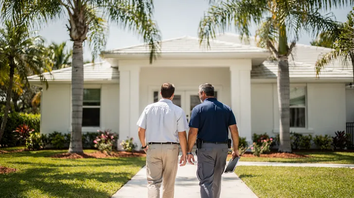 Two men walking up the path to a white house with palms on either side, seen from behind
