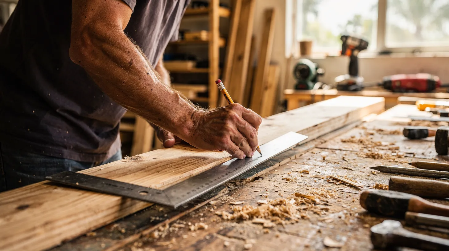 A carpenter marking a board with a pencil against a steel square in a sunlit workshop